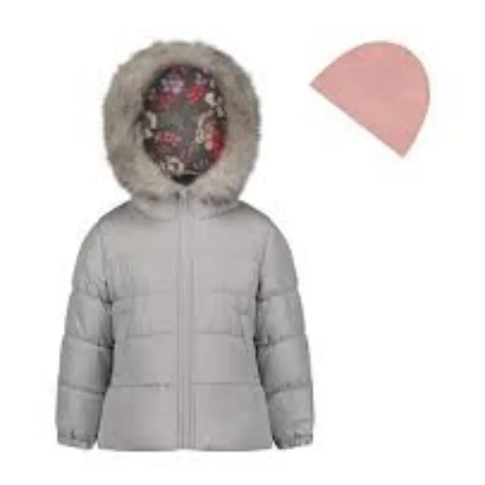 Weathertamer Toddler Girls Gray Faux Fur Trim Jacket & Fleece Beanie Set/NWT/2T